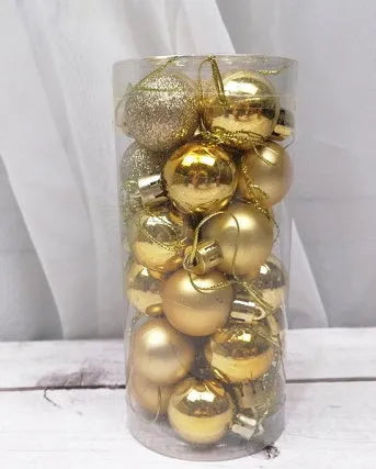 Assortment of 3cm diameter shiny and matte Christmas decoration balls in red, gold, blue, and silver colours.