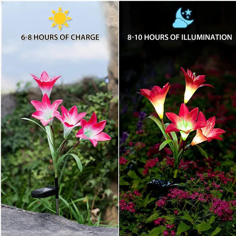 Solar lily flower light 70cm with silk cloth, ABS and 304 stainless steel, IP66 waterproof, purple or red.