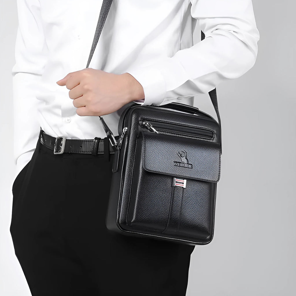 Men's PU leather crossbody bag with solid colour finish and sewing line detail, available in five colours