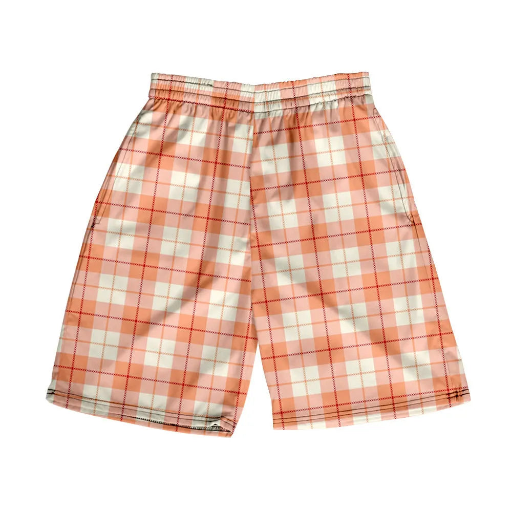 Men's plaid polyester shorts with elastic waistband in straight-leg casual style