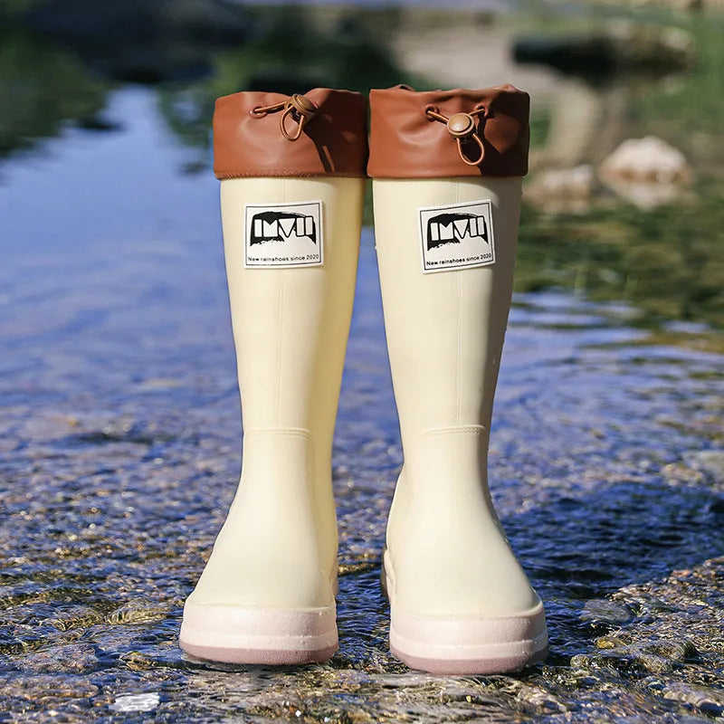 Couple platform high tube rain boots in beige with PVC upper and non-slip sole
