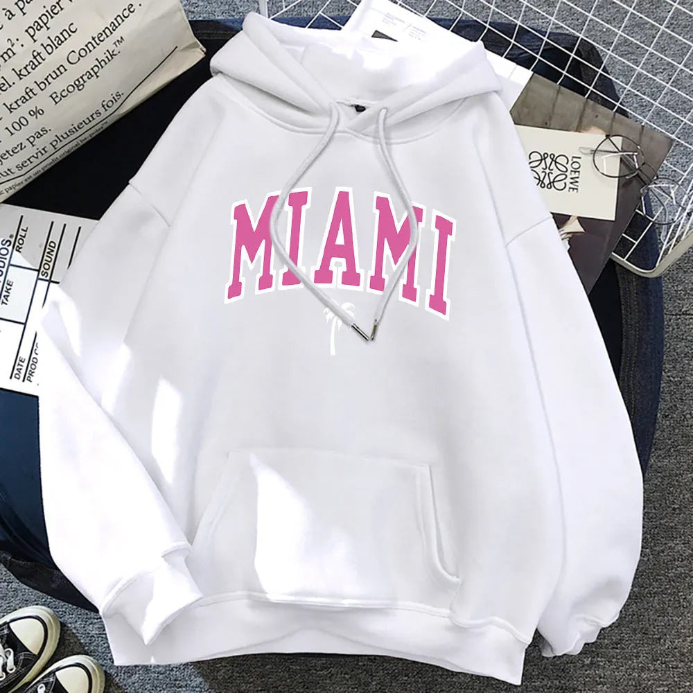 Women's loose pullover hoodie in polyester, shown in multiple colours including white, black, red and blue, sizes XS to XXXL