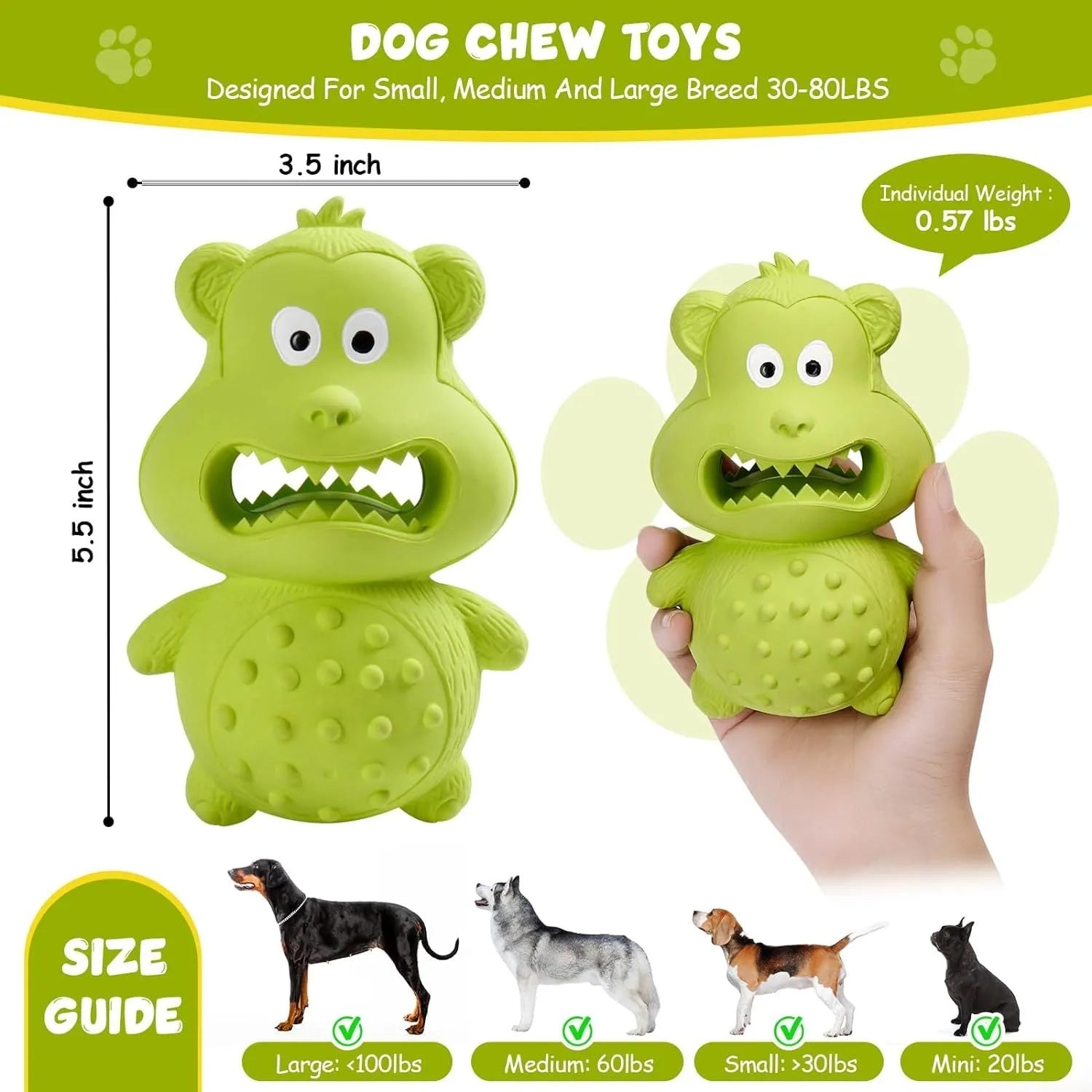 Green and yellow thick natural rubber squeaky dog toy for aggressive chewing breeds.