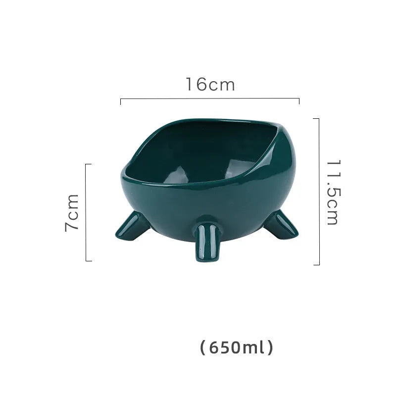 Green ceramic pet bowl with four legs and wide mouth design