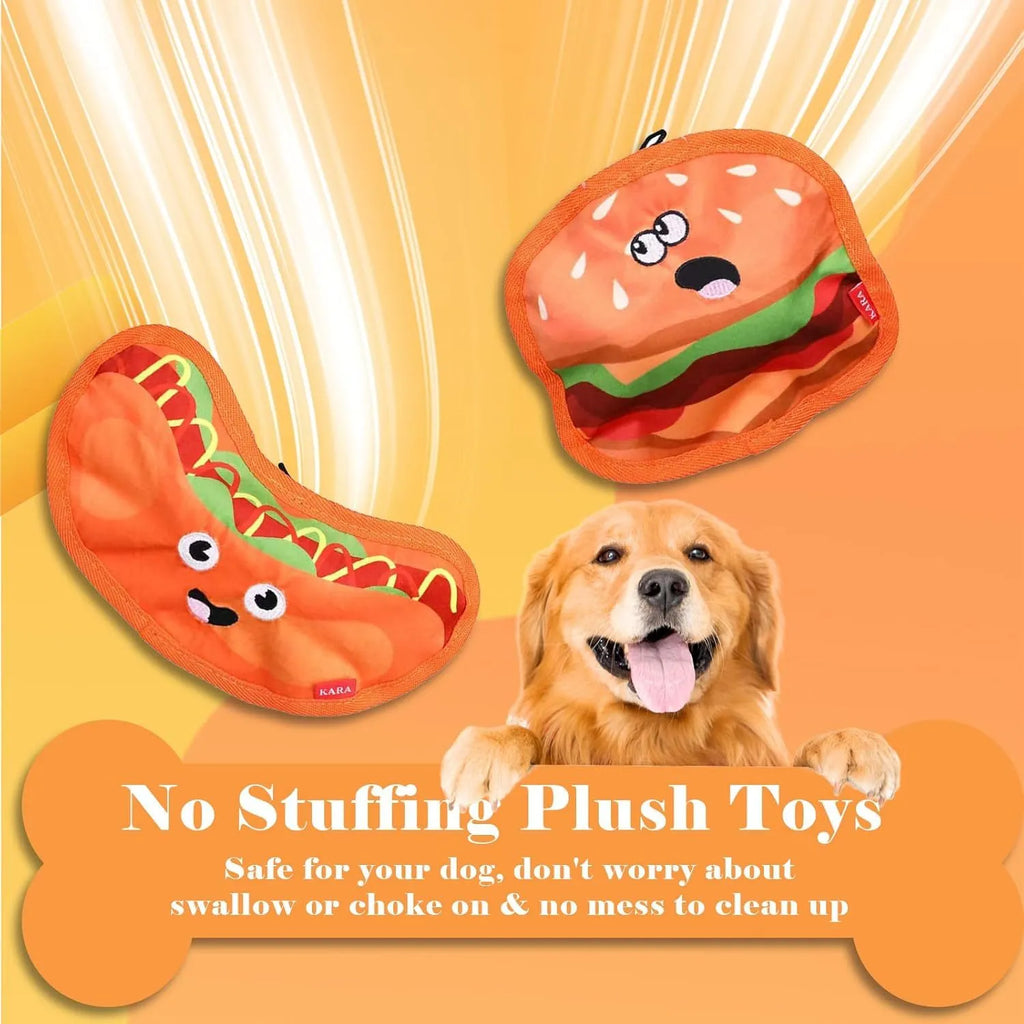 Food-shaped dog toys including hamburger, fries, hot dog and pizza designs with crinkle and squeak features