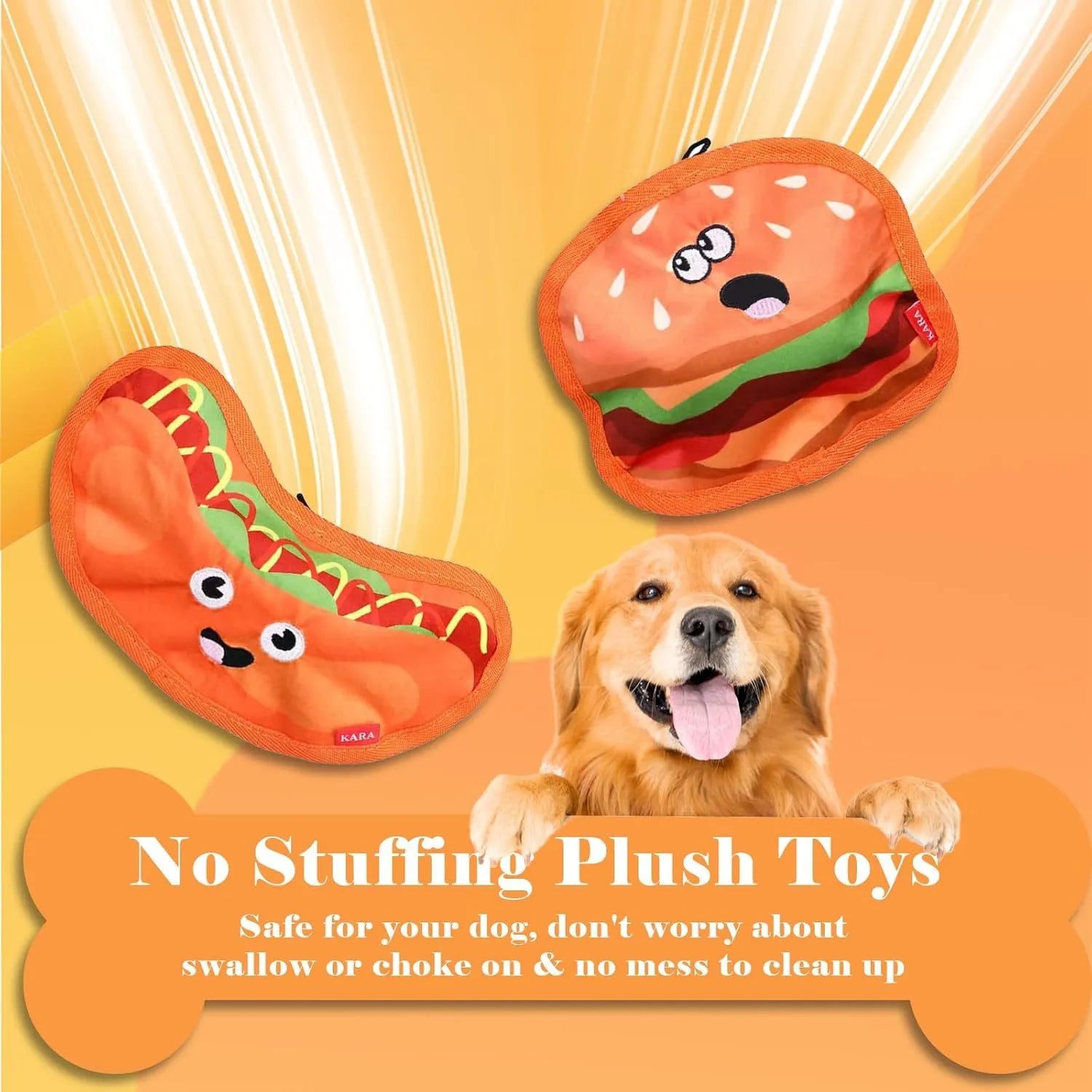Food-shaped dog toys including hamburger, fries, hot dog and pizza designs with crinkle and squeak features