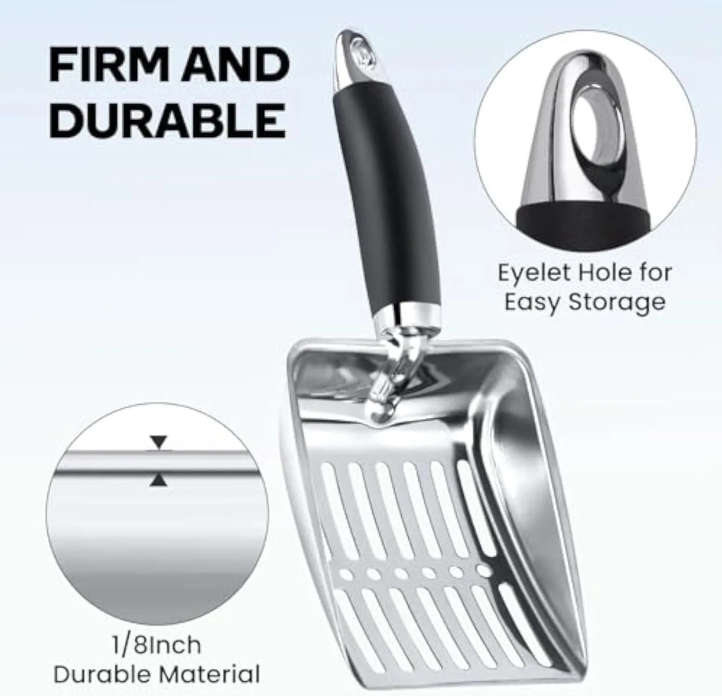 Stainless steel cat litter scoop with black comfort grip handle and 6mm sifter spacing, 26cm x 10.7cm