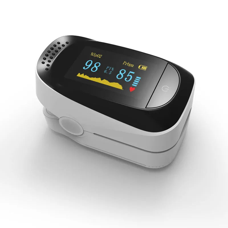 fingertip pulse oximeter with black OLED screen showing SPO2 and pulse rate readings