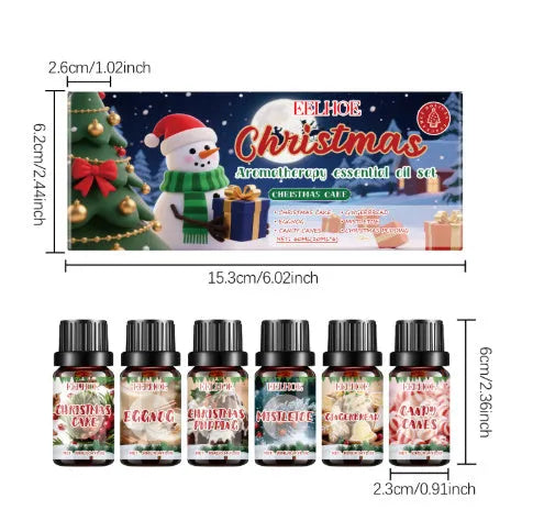 Christmas aromatherapy oil diffuser set showing six 60ml bottles and reed sticks for home fragrance