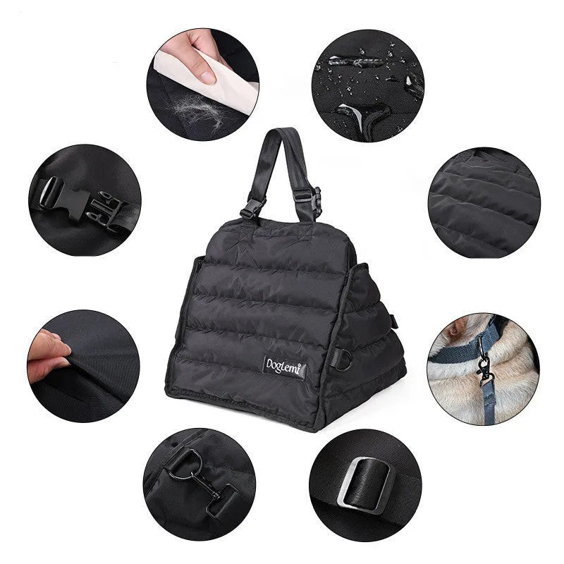 Black multifunctional pet car bag with clip-on strap and harness clip for dog travel safety