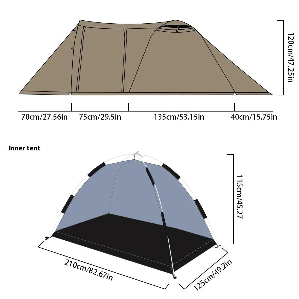 Double occupancy four-season tunnel tent with dome extension, olive green, pitched on grass with external and internal tents visible