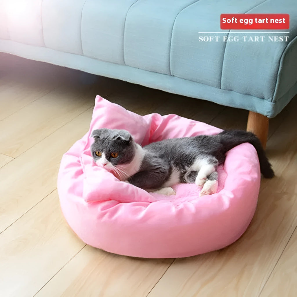Winter warm PP cotton dog bed in light grey with optional pillow, showing circular design