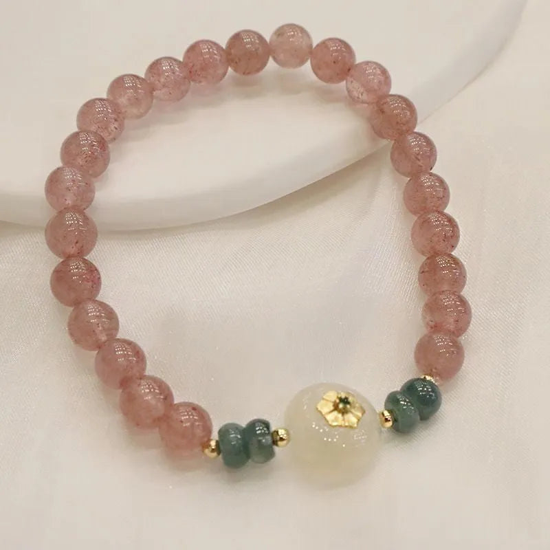 Strawberry quartz bracelet with blue water emerald pendant and Chinese geometric motifs
