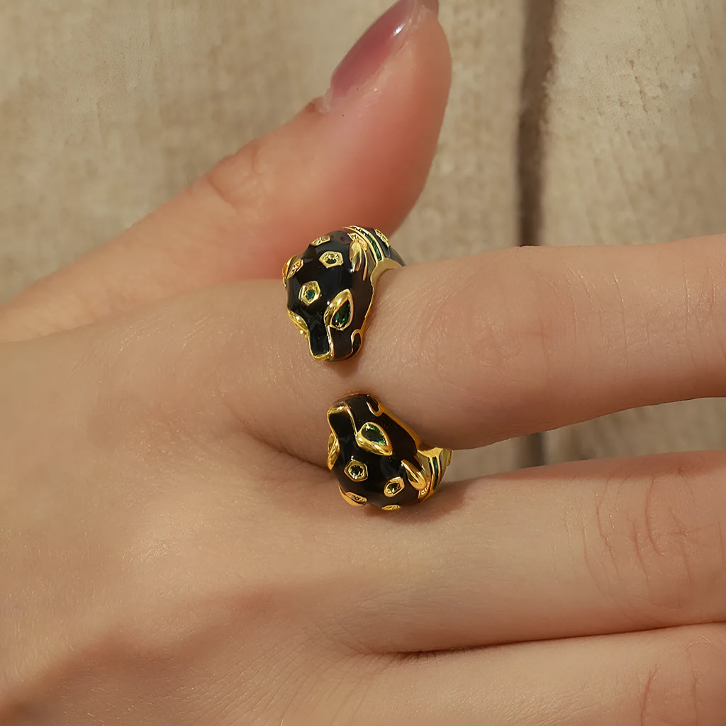Black cheetah pattern geometric open ring for women, size 7 copper jewellery