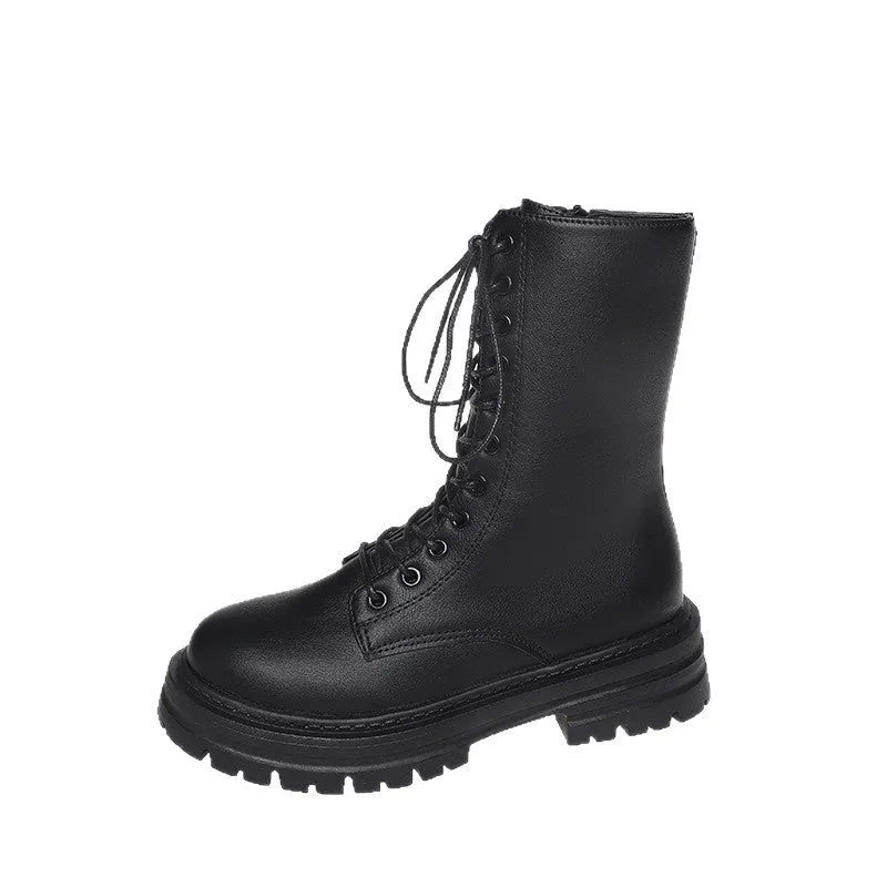 Women's mid-calf Martin boots with lace-up and side zipper, thick rubber sole, round toe, in black cowhide leather