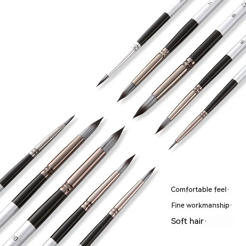 Ten black stick nylon paintbrushes with round tips, silver gray rods, and wood handles laid out