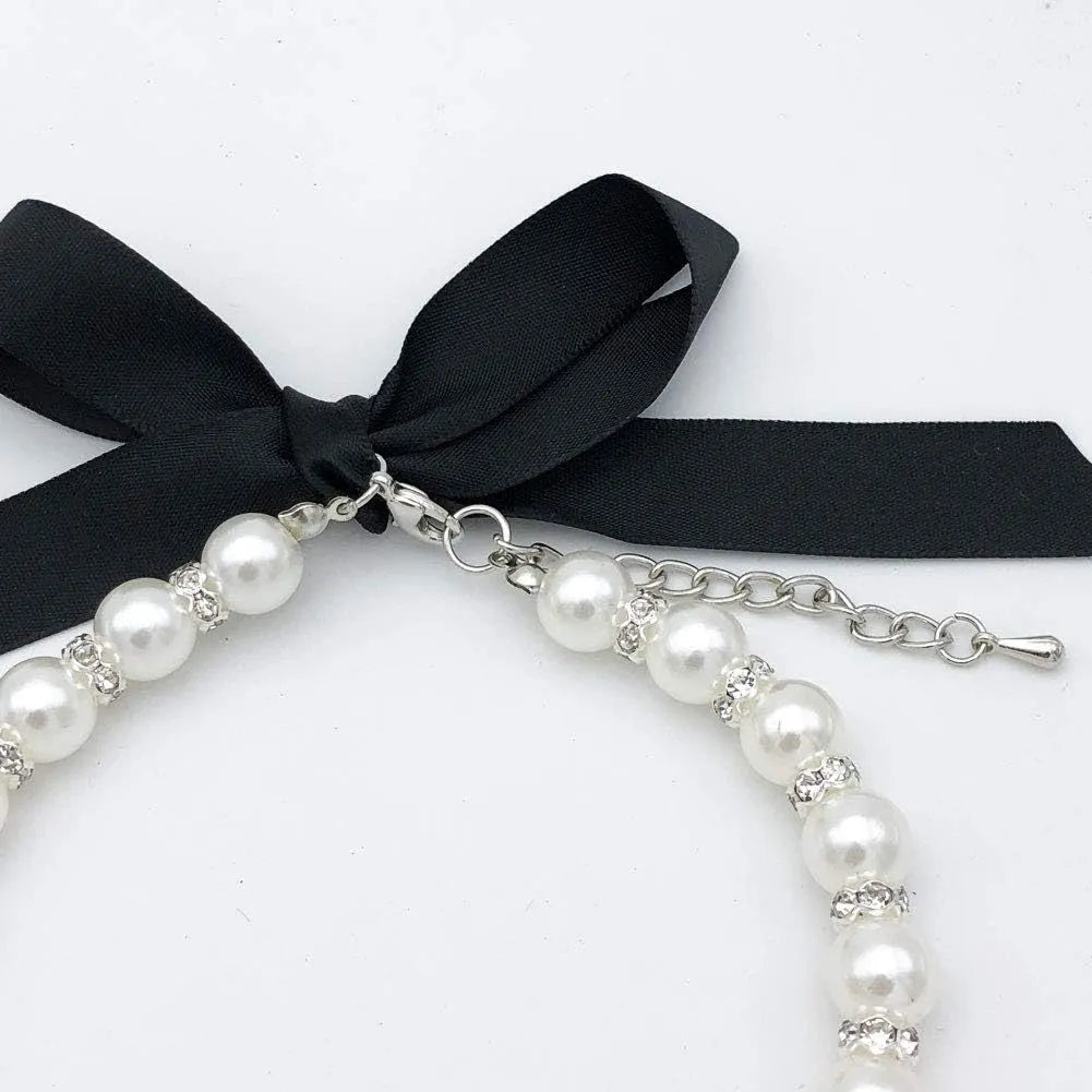 Adjustable dog pearl necklace with rhinestones on blue ribbon for small dogs