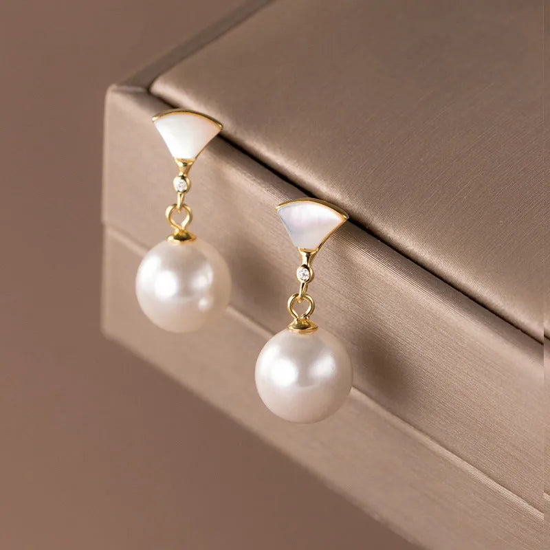 Gold 925 silver fan-shaped shell pearl earrings for women, geometric ancient style, pair