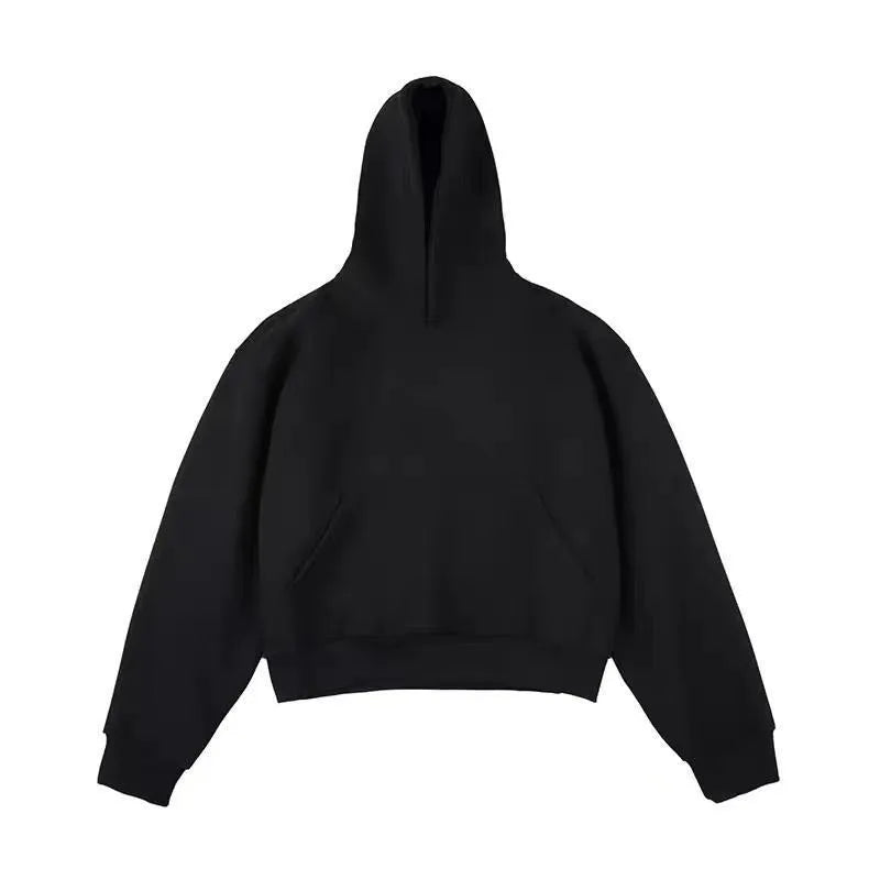 Dark grey Chinese cotton velvet hooded sweatshirt with a removable hood on a hanger.