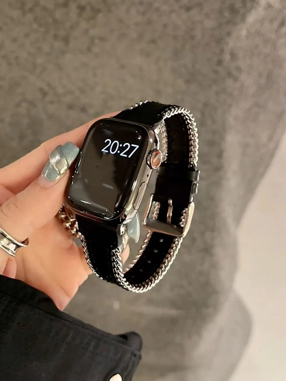Leather side chain watch strap for Apple iWatch, black colour, fits sizes 38mm to 49mm