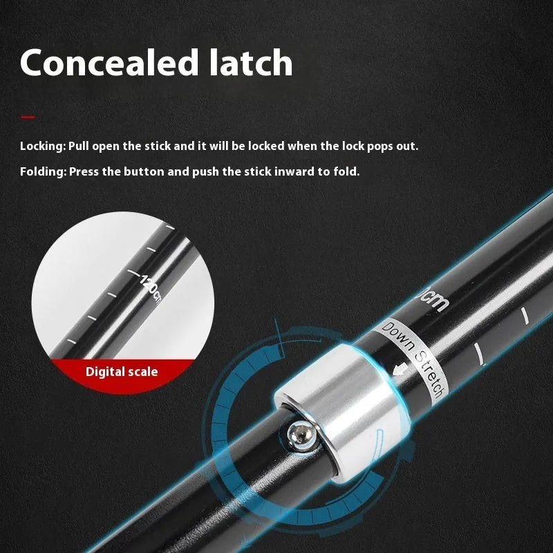 Aluminium alloy telescopic hiking alpenstock with adjustable length 30-130cm, black and red options, foldable design