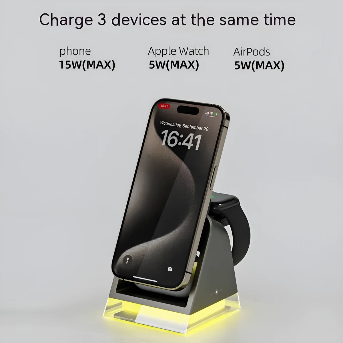 Black three-in-one magnetic wireless charger with small night lamp and Type-C cable for phone watch headset