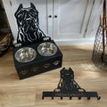Personalised dog food bowl holder with ceramic bowl and iron base, custom name engraving