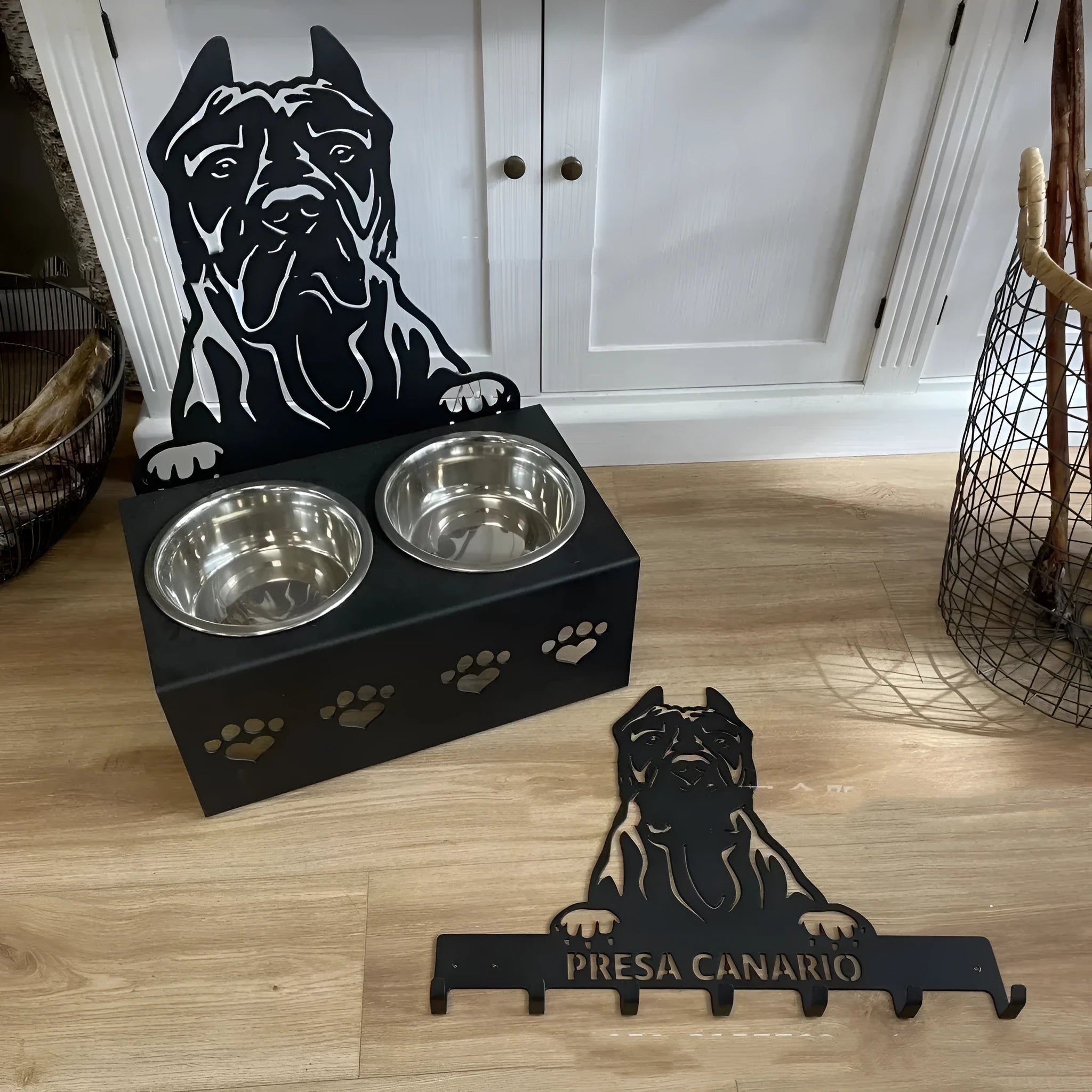Personalised dog food bowl holder with ceramic bowl and iron base, custom name engraving
