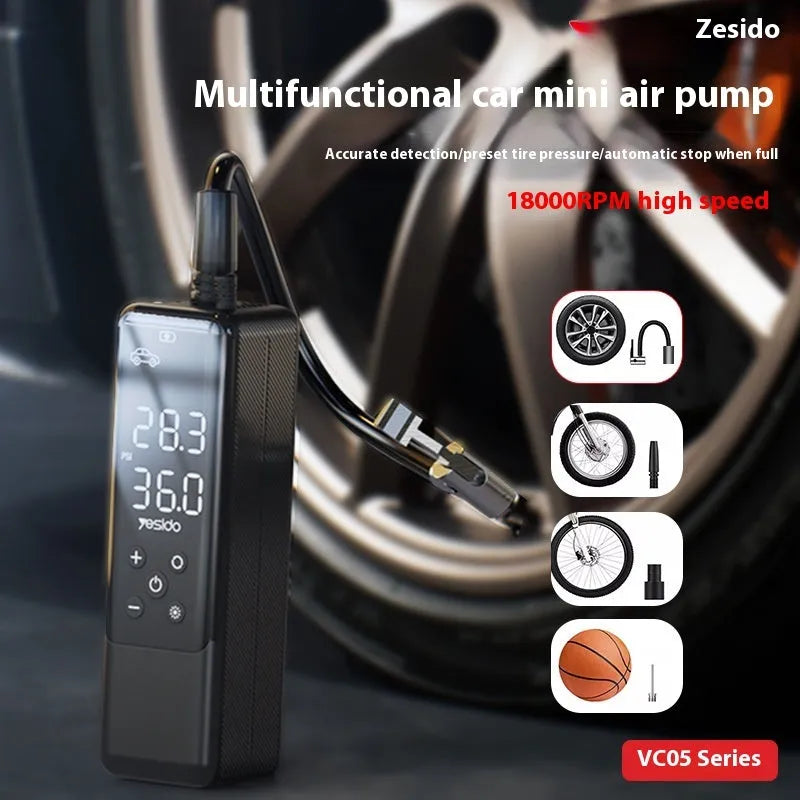 Portable 12V car tyre inflator black VC05 with LED light and pressure gauge for high power inflation