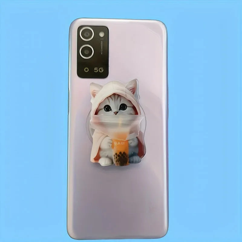 Creative cartoon acrylic flat phone holder with transparent support in milk tea cat design on a desk