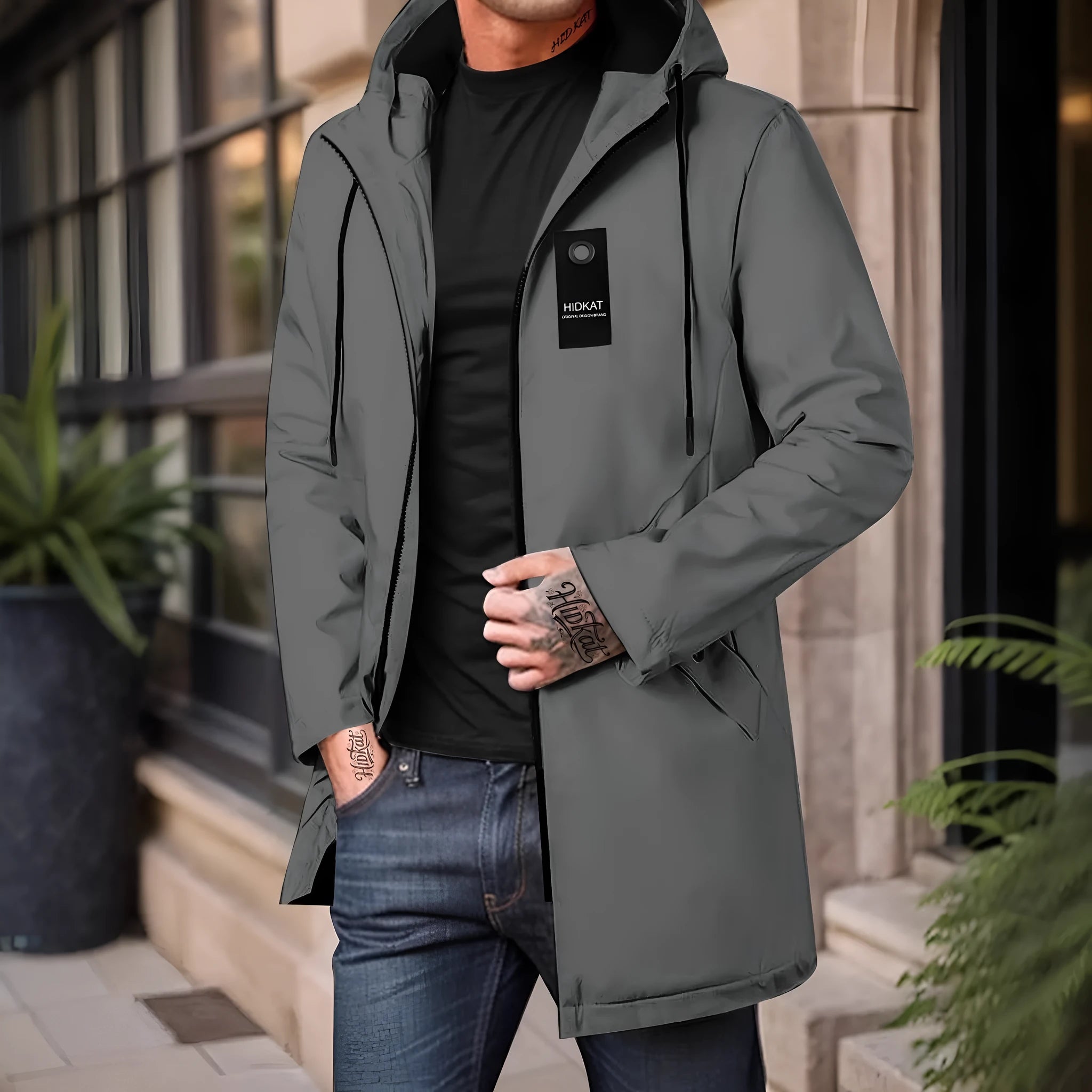 Men's mid-length hooded windproof shell jacket in gray, made from polyester fibre, with long sleeves and front zipper