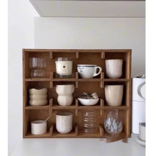 Solid wood multi-layer grid storage rack with birch finish and square compartments for cup organisation