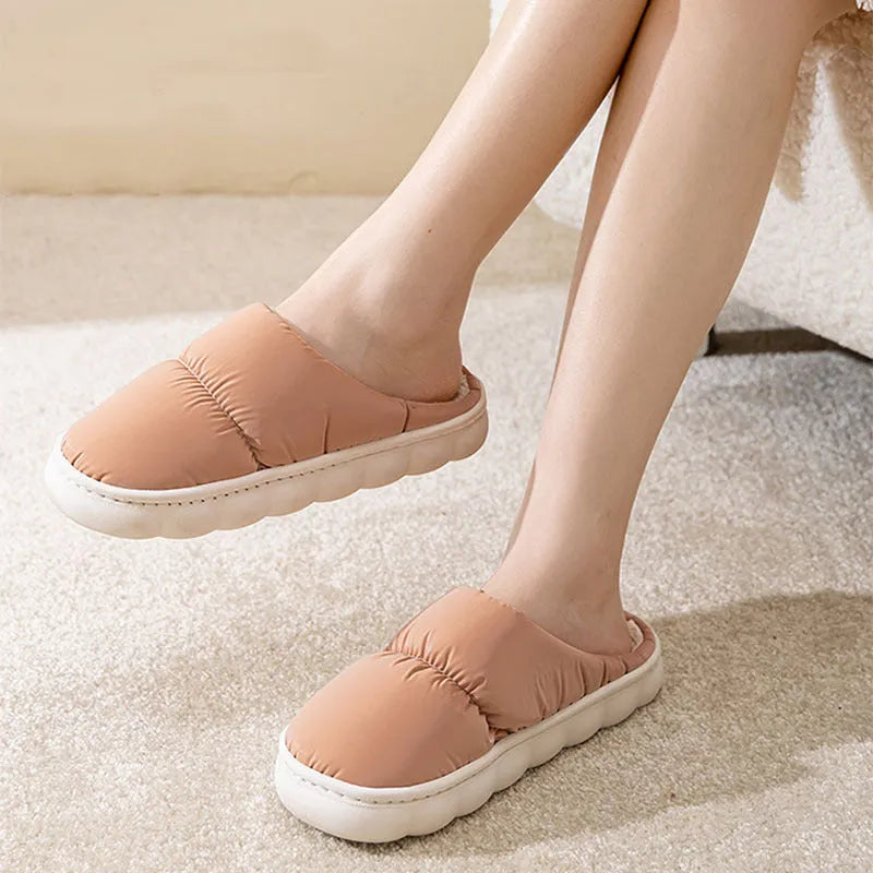 Down cotton slippers with rubber soles and artificial leather uppers in multiple colours