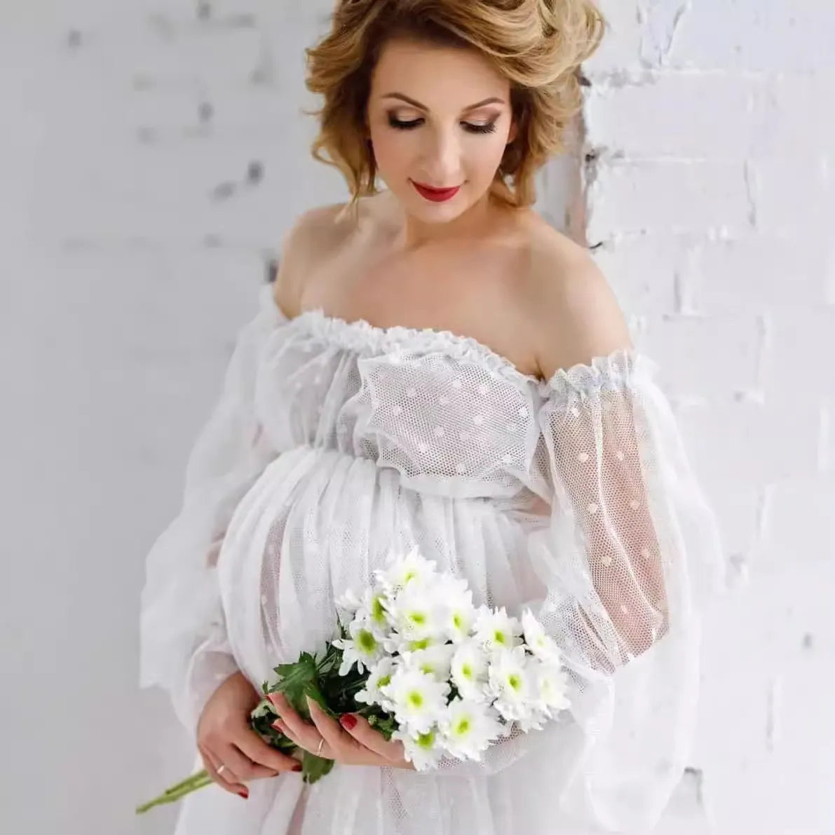 White dot mesh off-shoulder puff sleeve maternity dress with long skirt