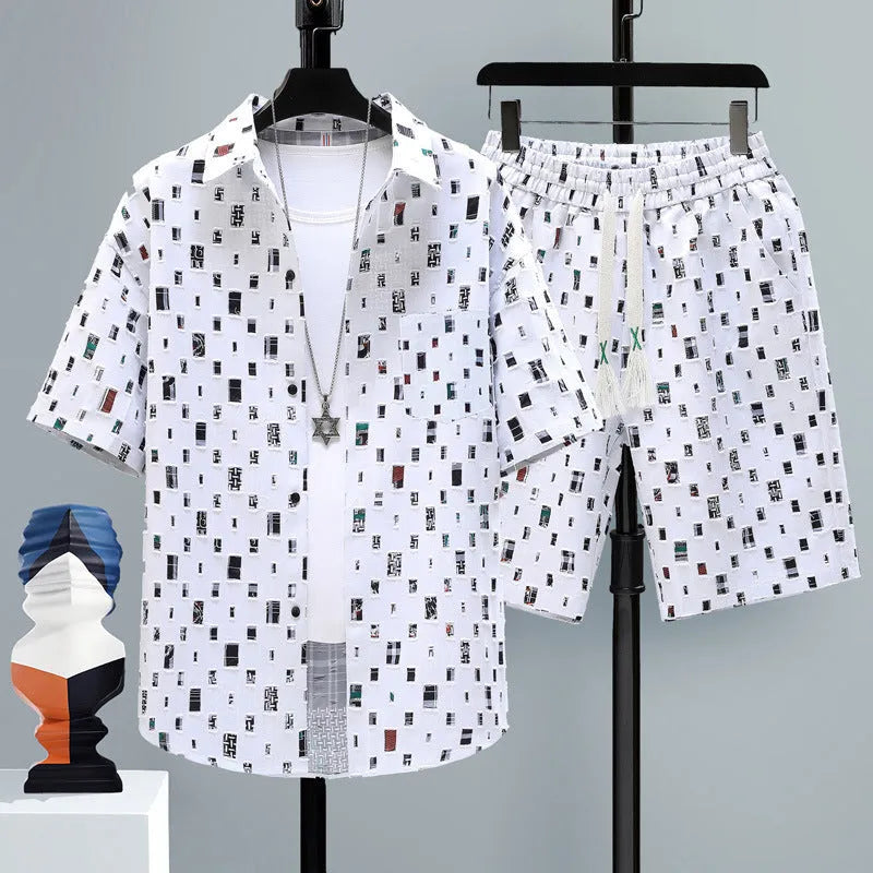 Men's casual polyester short-sleeve top and matching shorts two-piece set on a hanger.