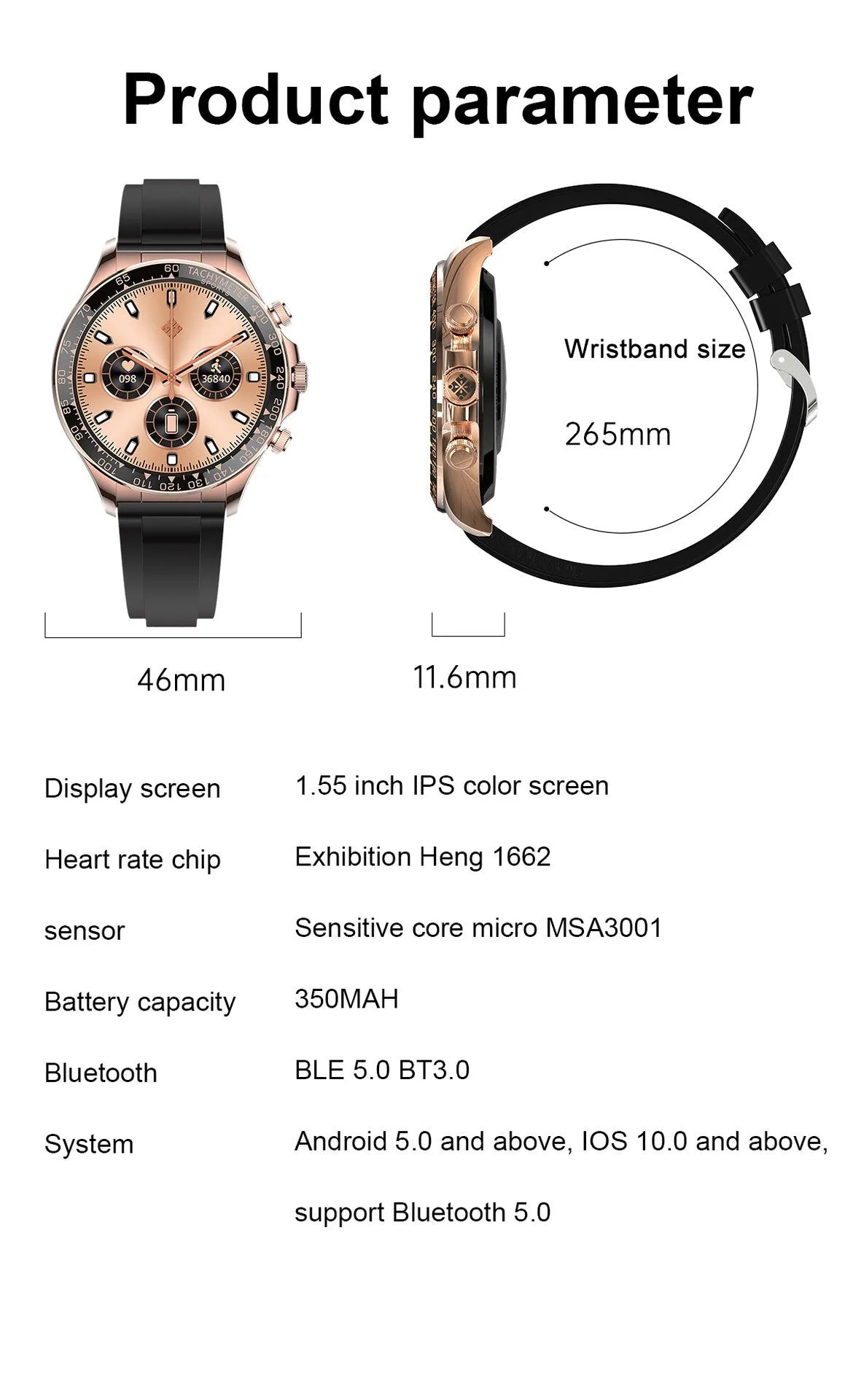 Round screen smart watch EX108 with black silicone band showing time display on IPS touch screen