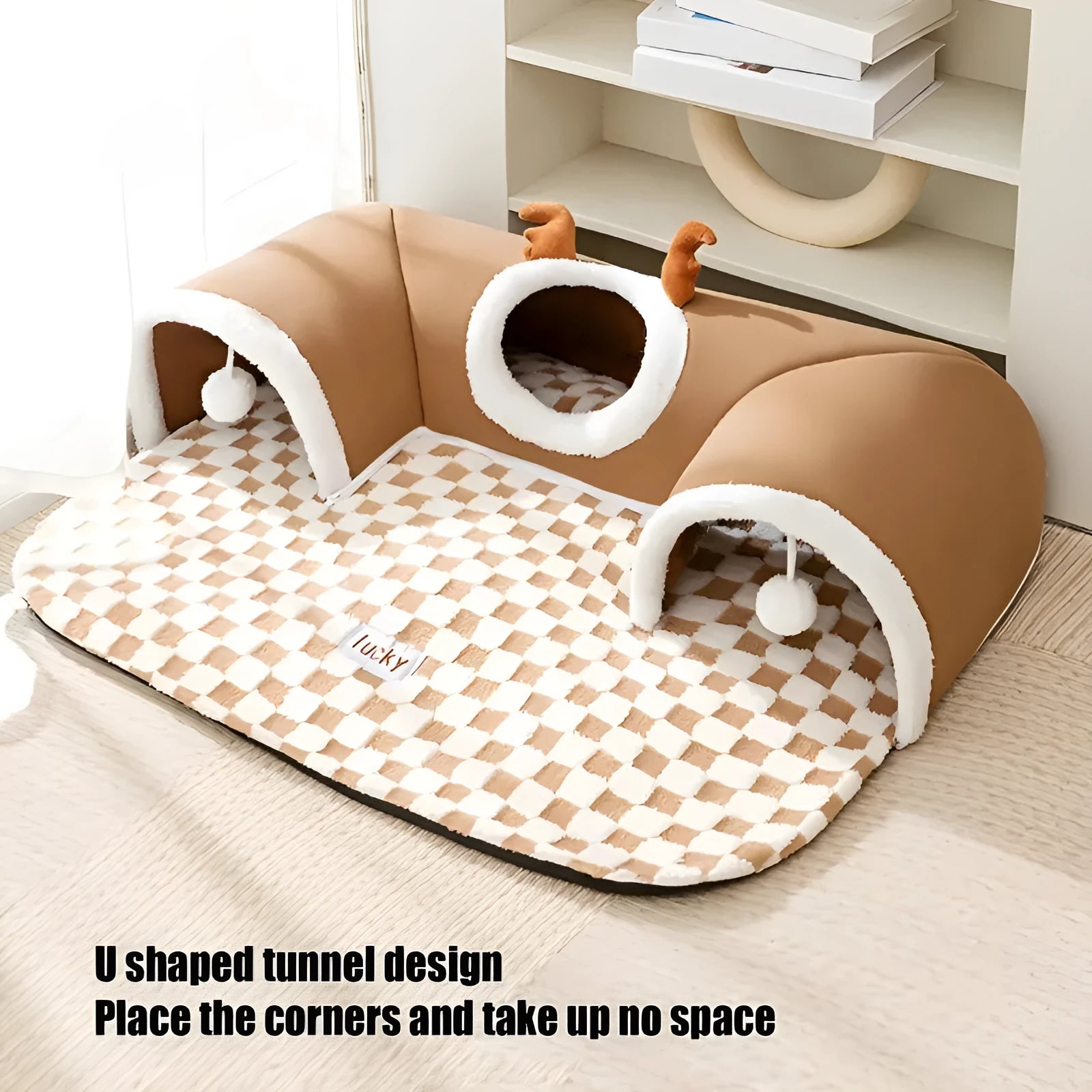 Grey plaid crystal fleece cat tunnel bed with two hanging balls, curved tunnel door, and slip-resistant bottom, for indoor use