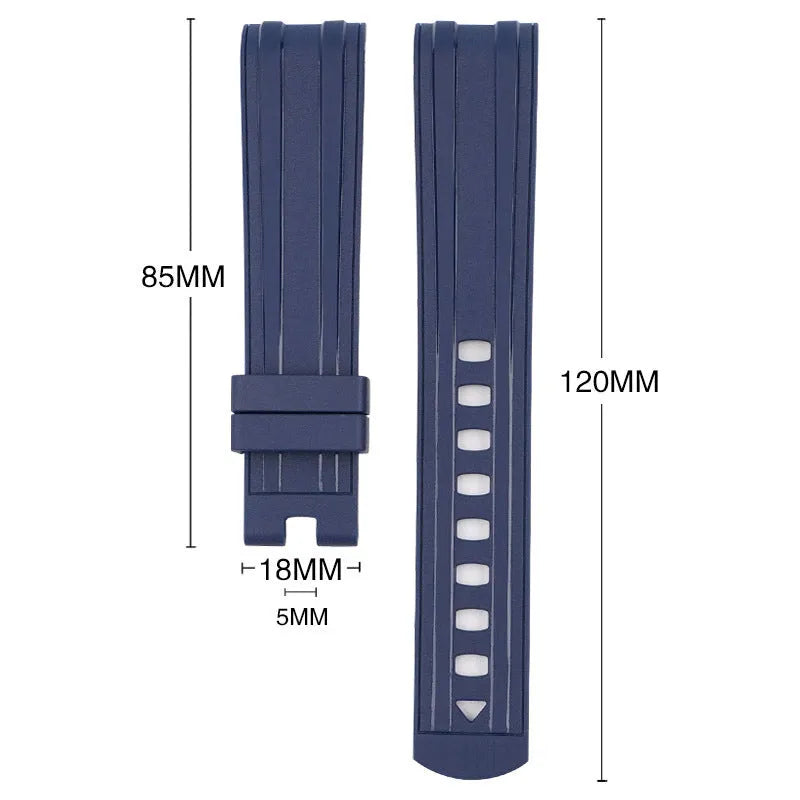 Apple Watch strap with silver buckle in 12 colour options including army green, sapphire blue, and dark red.