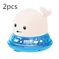 Electric whale-shaped bath spray toy with water-activated automatic spray, LED lights, and floating capability
