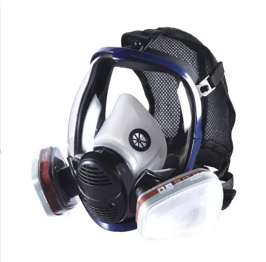 Blue-edged spherical full-face silicone gas mask with trapezoidal filter canister and box of seven filters.