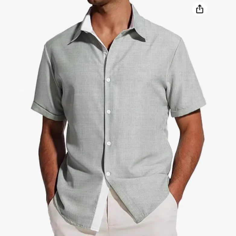 Men's floral print short-sleeved shirt in light grey polyester fabric on a hanger.