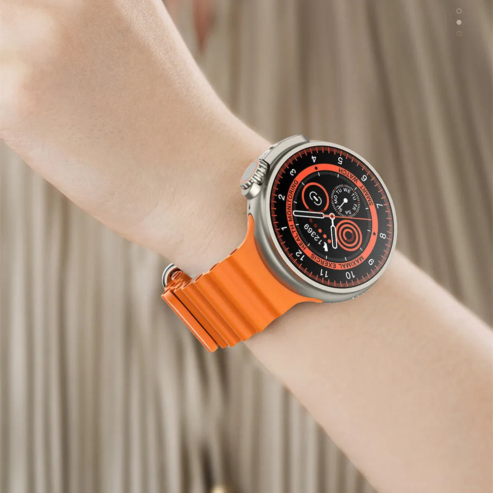 K9 smart watch in black with 1.39 inch round screen on silicone strap, showing fitness data interface.