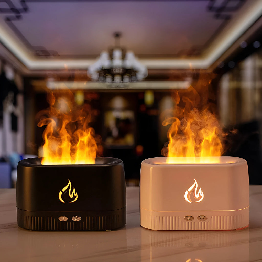 Simulated flame aromatherapy machine humidifier with 200ml tank USB power in Black and White