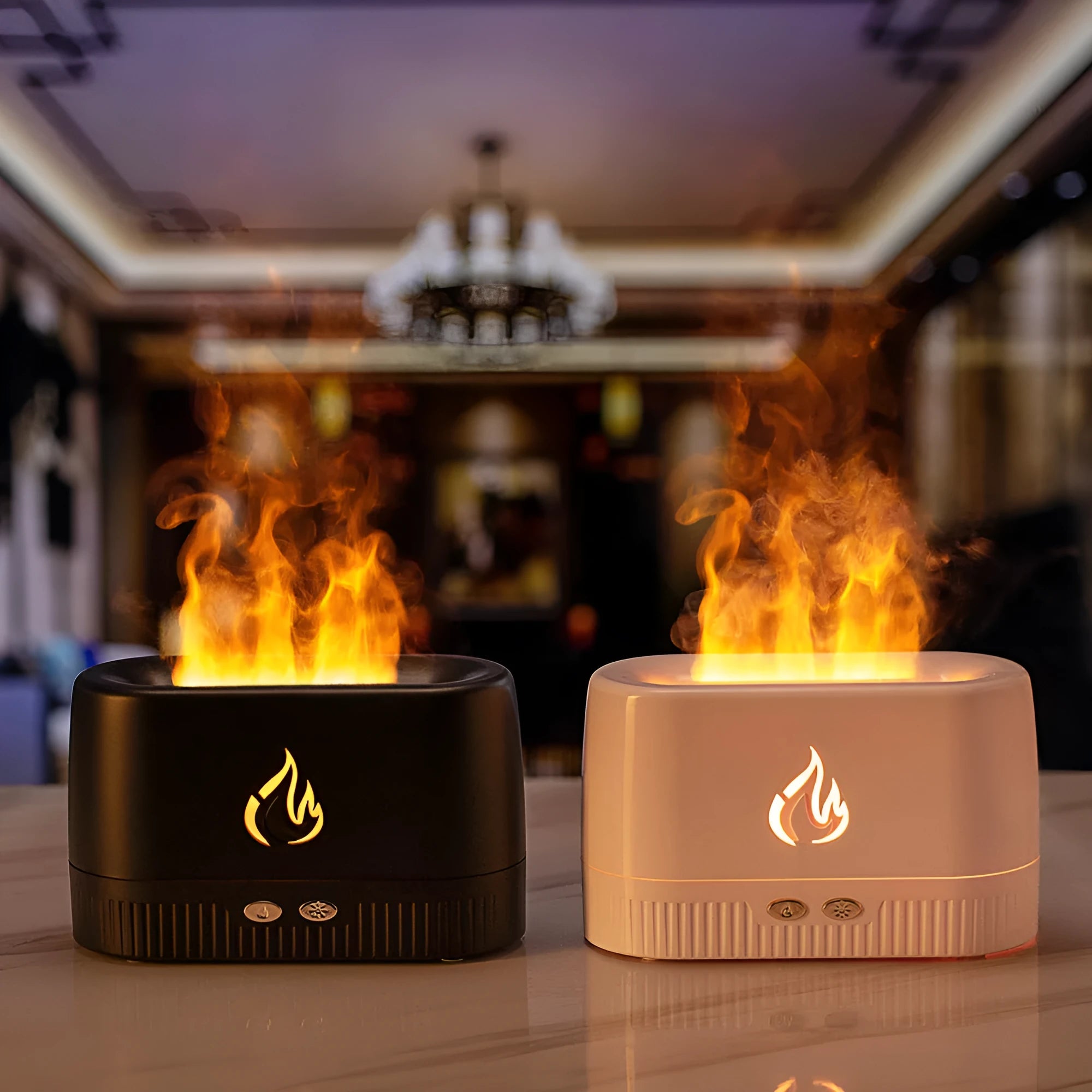 Simulated flame aromatherapy machine humidifier with 200ml tank USB power in Black and White