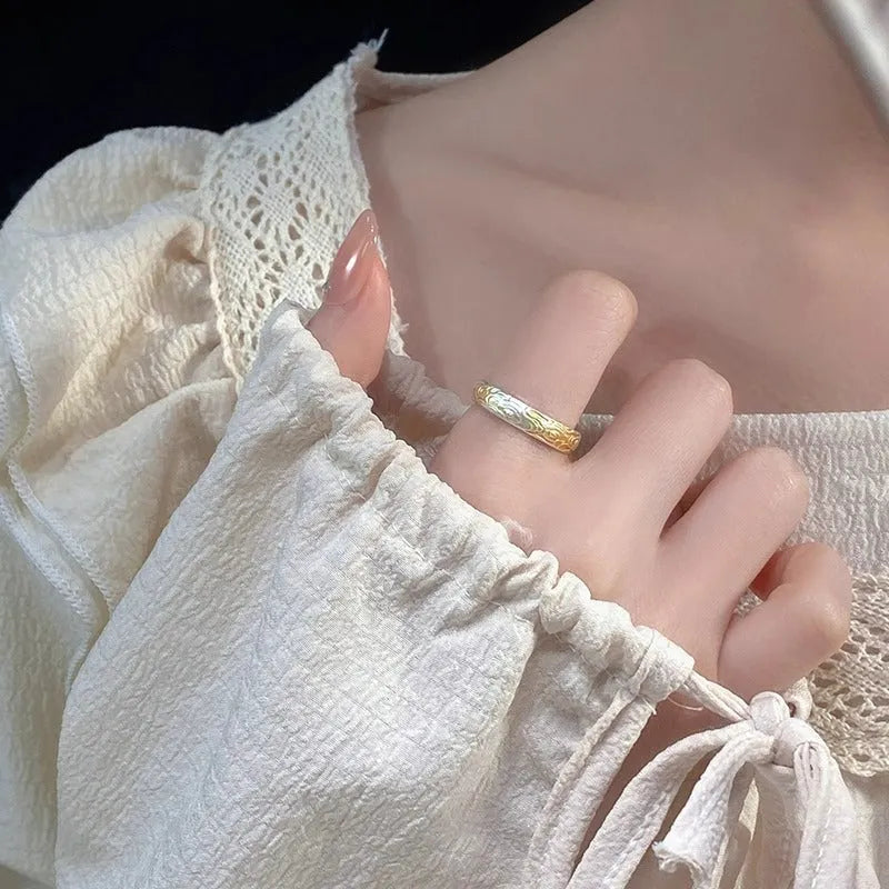 Adjustable open mouth geometric ring with Xiangyun pattern and silver-gold electroplated finish