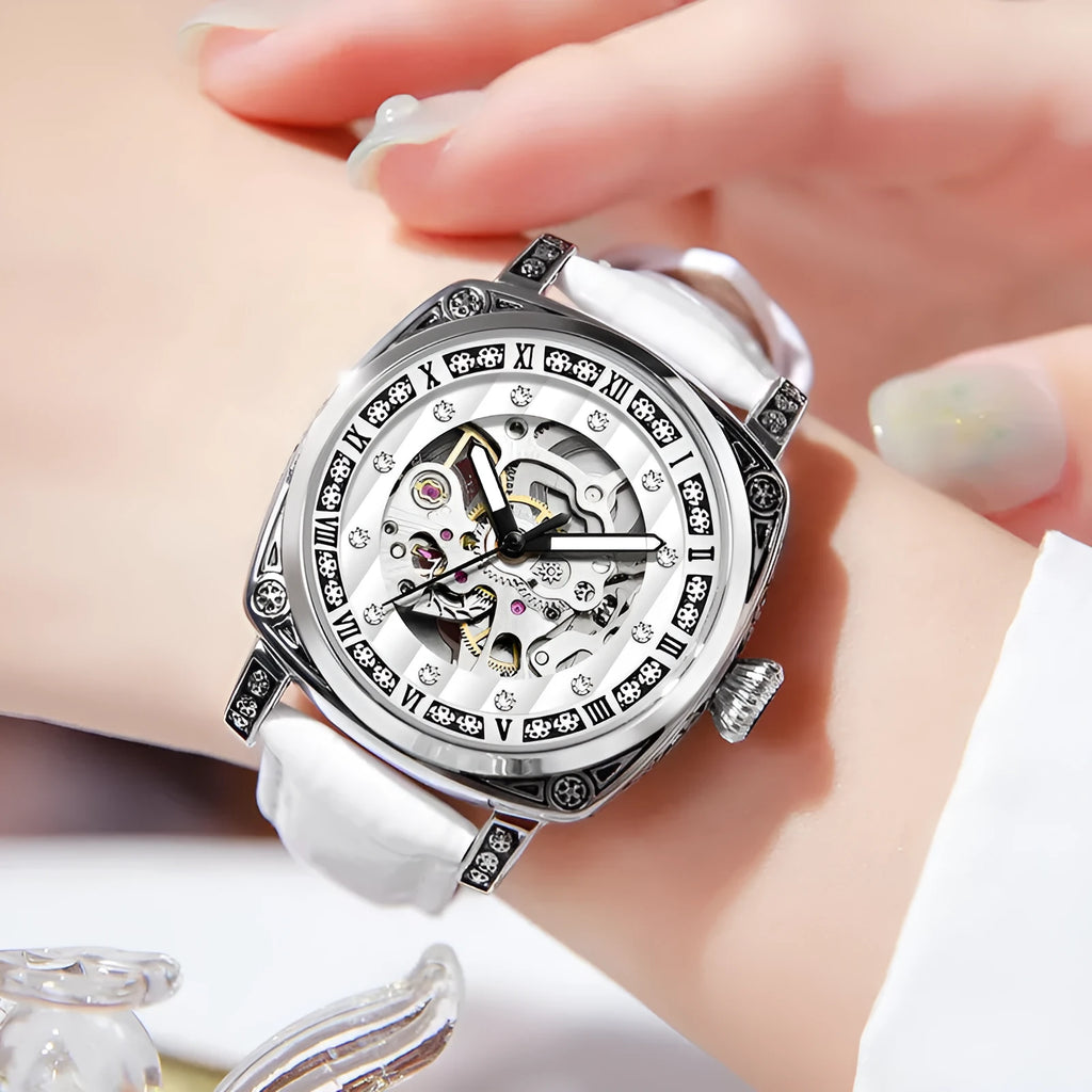 Men's mechanical watch with luminous hands on a leather strap, showing colour options: black, red, steel, and white dials.