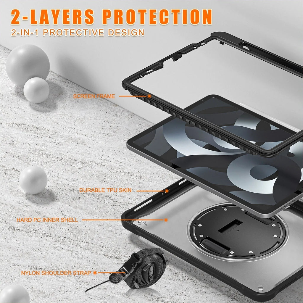 iPad Mini 6 case with rotating bracket and lanyard in black PC TPU material