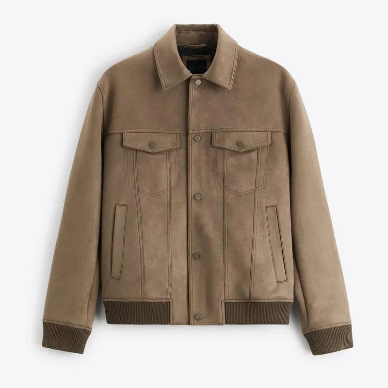 Light grey spandex commuter jacket with suede velvet finish and long sleeves on a hanger.