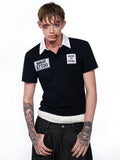 Black slim fit men's polo shirt with embroidery hat design on front, short sleeves and polo collar
