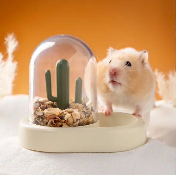 Cactus-shaped hamster automatic feeder with transparent food level section in mint green colour